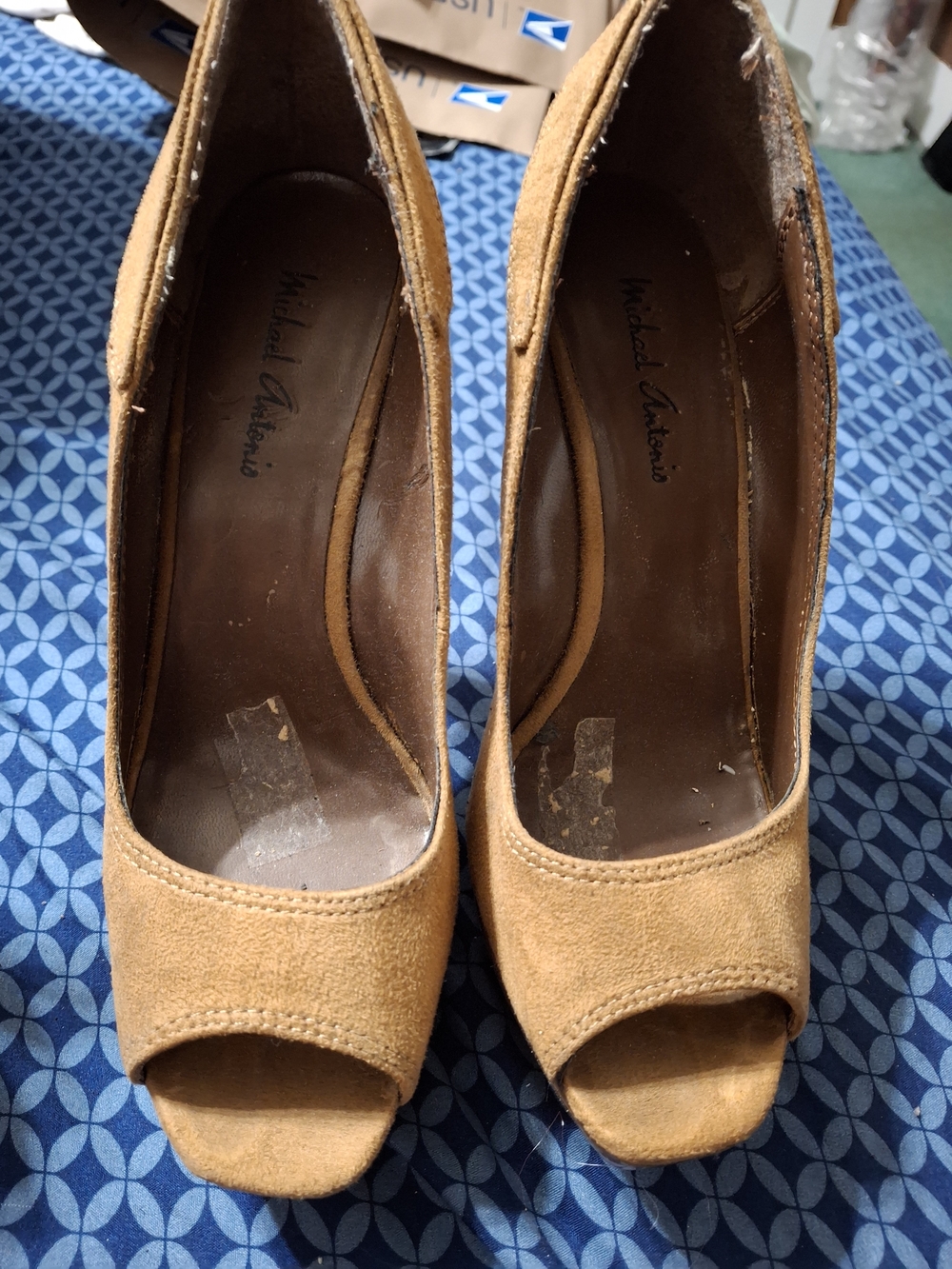 Michael Antonio Tan Suede Peep Toe Platform Stiletto Pumps Y2K Heels